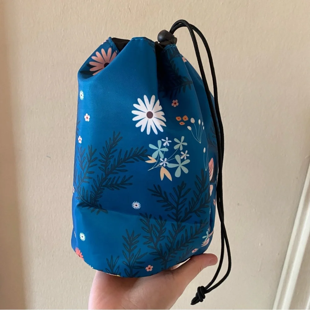 Blue and Pink Floral Print Cylinder Makeup Pouch with Drawstring